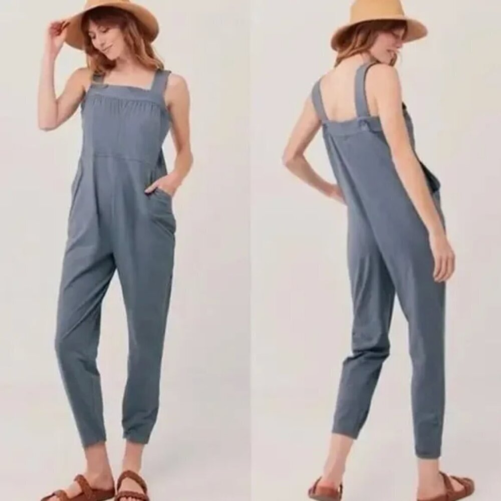 PACT NWT Alice Cotton Relaxed Sleeveless Slub Overall Jumpsuit Pockets Blue, XL
